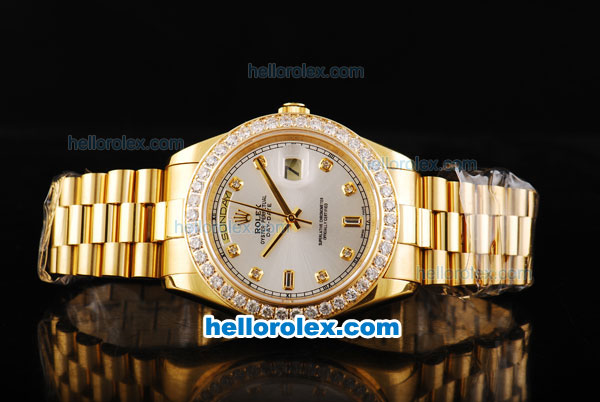 Rolex Day Date II Automatic Movement Full Gold with Diamond Bezel-Silver Dial and Diamond Markers - Click Image to Close